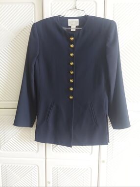 Petite Sophisticate Size 10 Women's Buttoned Navy Lined Blazer Suite Top Vintage